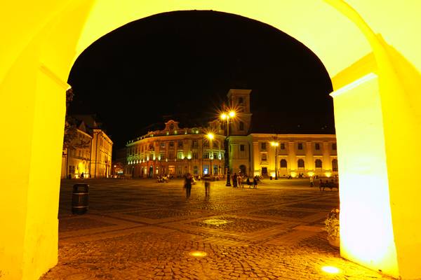 Sibiu by night. Look from under the arch