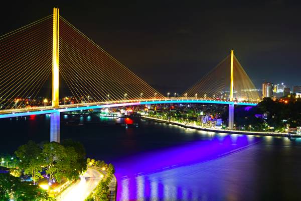 Ha Long by night. Stunning lights of Bai Chay Bridge