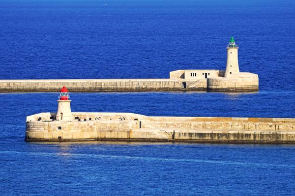 Entrance to Malta's Grand Harbour between 2 lighthouses