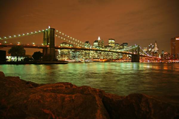 New York by night. Brooklyn Bridge & Manhattan