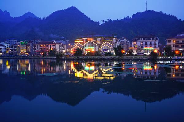 Sapa Lake reflections at the blue hour, Vietnam