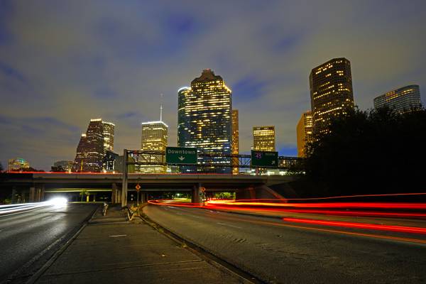 Houston at the blue hour. Traffic lights on the Allen Pkwy