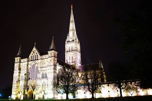 Salisbury Cathedral by night, Wiltshire, UK