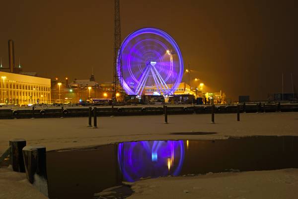 Helsinki by night. Observation wheel & its reflection
