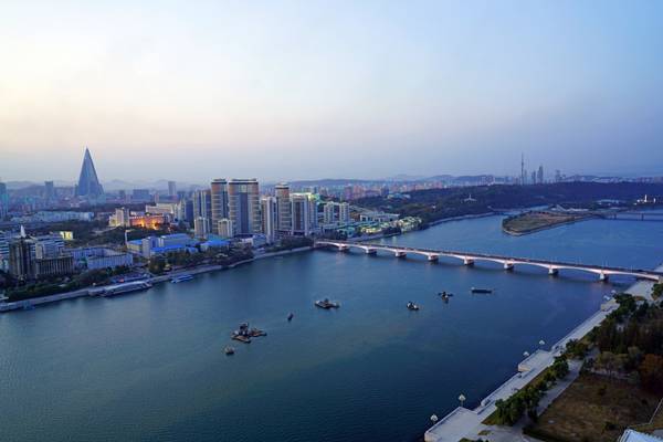 Taedong river from Juche Tower in the evening hour, Pyongyang
