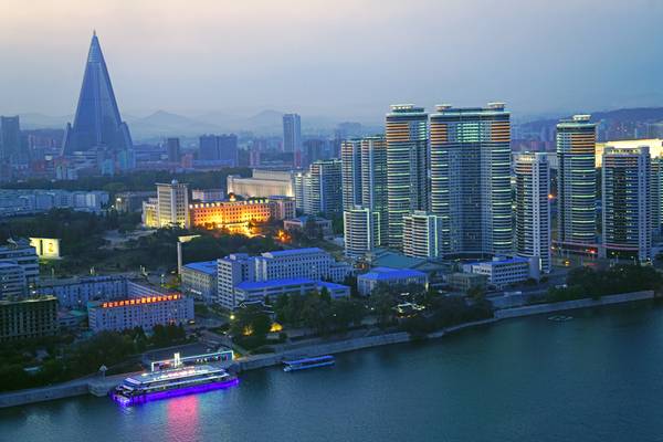 Pyongyang skyscrapers in the evening illumination, North Korea