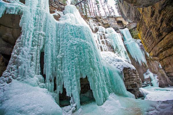 Maligne Canyon amazing  beauty of frozen waterfalls. Jasper park