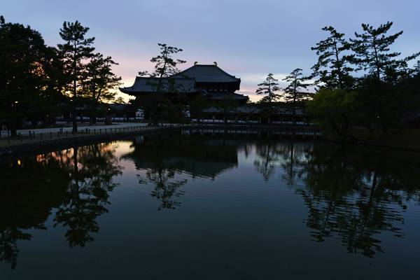 Nara at twilight. Tōdai-ji Temple reflecting in the pond