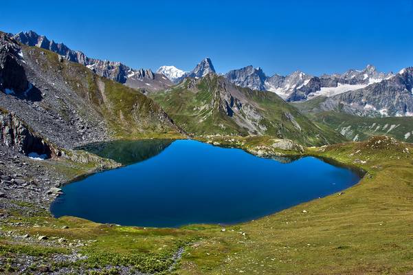 Heart shaped lake. Lac de Fenêtre   and the Mont Blanc Massif. No. 2432.