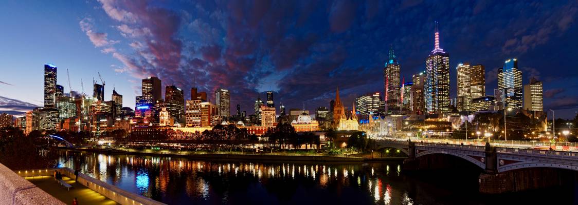 Melbourne skyline at night, view from river bank