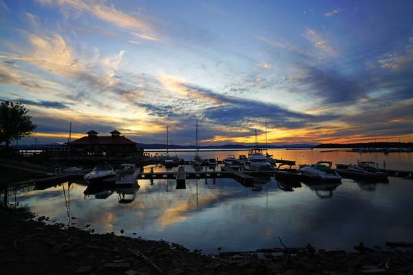 Burlington boathouse at sunset, Lake Champlain, Vermont