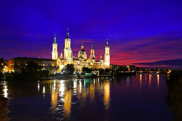Fantastic sky over the Cathedral of Zaragoza at the blue hour